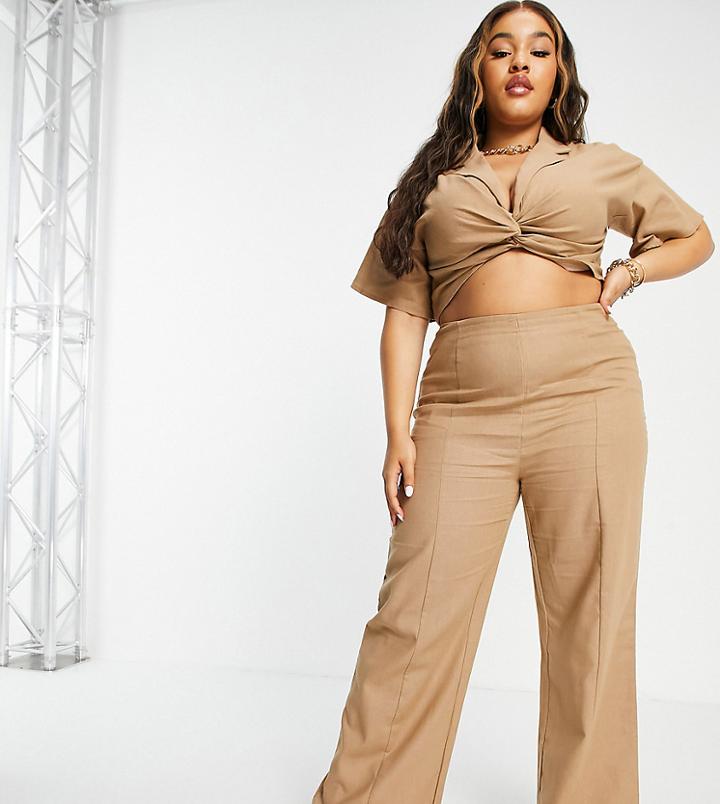 Missguided Plus Wide Leg Pants With Seam Front In Brown