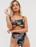 Asos Design Recycled Knot Cut Out Underboob Swimsuit In Tattoo Rose Print - Multi