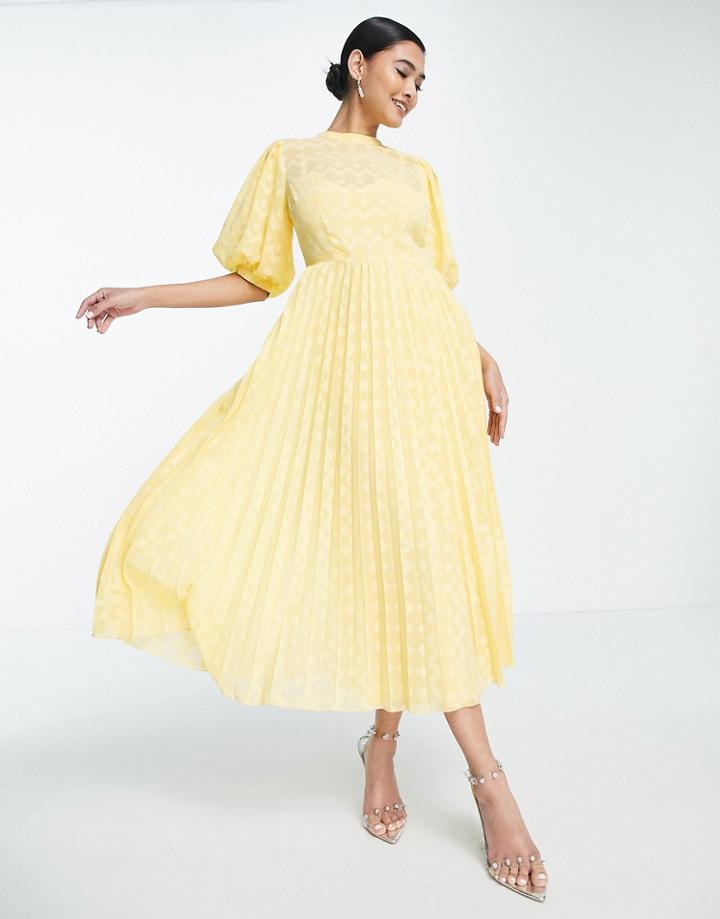 Asos Design High Neck Pleated Chevron Textured Midi Dress With Puff Sleeves In Yellow