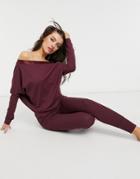 River Island Off Shoulder Long Sleeved Set Lounge T-shirt In Plum-purple