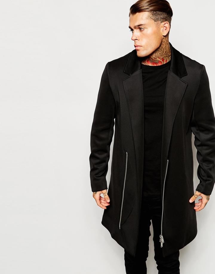 Asos Neoprene Overcoat In Black - Black