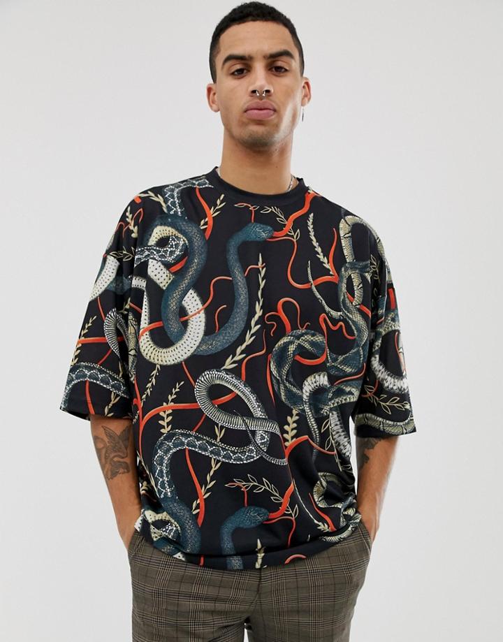 Asos Design Oversized T-shirt With All Over Snake Print - Multi