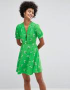 Asos Short Sleeve Floral Tea Dress With Zip Detail - Green
