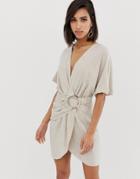 Asos Design Mini Dress In Slubby Cotton With Ring Detail - Beige