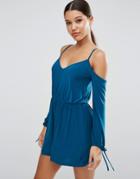 Asos Slinky Romper With Cold Shoulder And Long Sleeve - Green