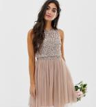 Maya Petite Bridesmaid Sleeveless Mini Tulle Dress With Tonal Delicate Sequin Overlay In Taupe Blush - Brown