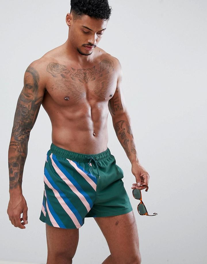 Asos Design Swim Shorts With Cut & Sew Stripe Print Short Length - Green