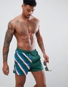 Asos Design Swim Shorts With Cut & Sew Stripe Print Short Length - Green