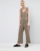 Asos V Neck Jumpsuit With Tie Shoulder Detail - Brown