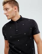 Hollister Modern Collar All Over Logo Print Pique Polo In Black - Black