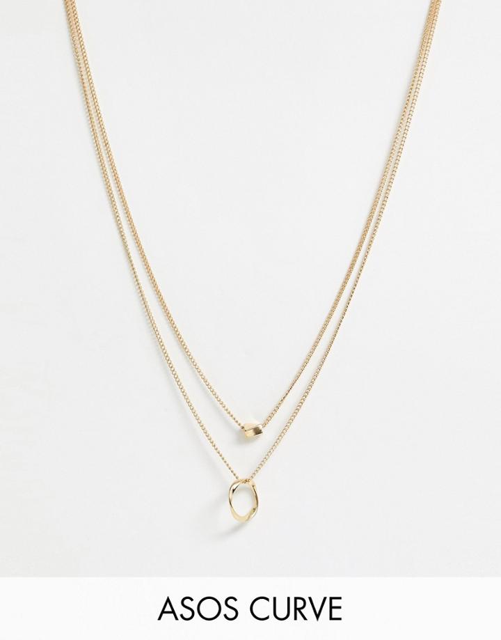 Asos Design Curve Multirow Necklace With Twisted Nugget Bead And Hoop In Gold Tone - Gold