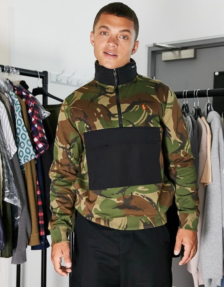 Polo Ralph Lauren Icon Logo Camo Half Zip Sweatshirt In Green/black-multi