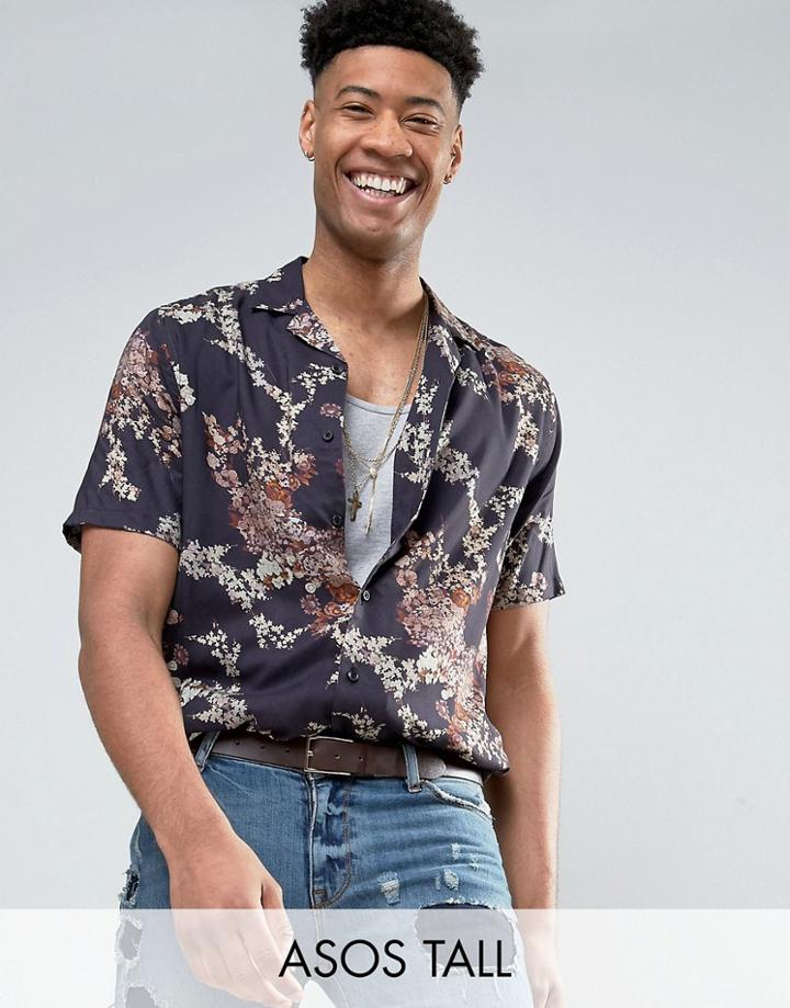 Asos Tall Regular Fit Shirt With Japanese Floral Print - Black