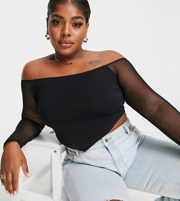 Asos Design Curve Off Shoulder Top With Scarf Hem And Mesh Sleeves In Black