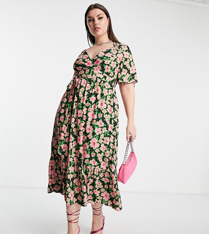 Twisted Wunder Plus Midi Wrap Dress In Spring Floral Print-pink