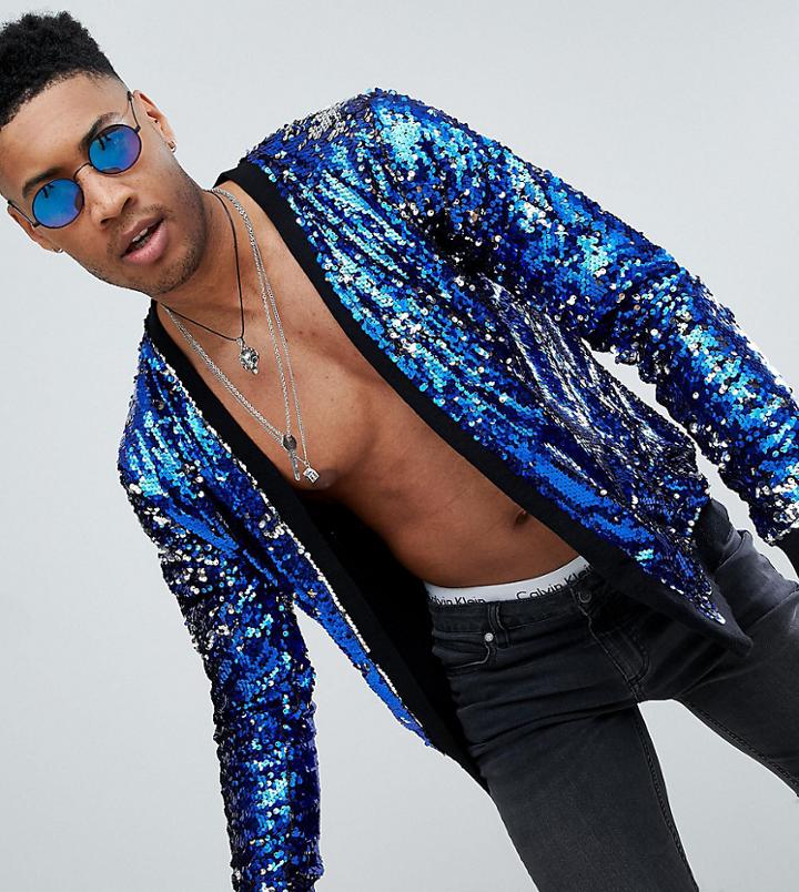 Asos Design Tall All Over Sequin Cardigan In Blue And Silver - Blue