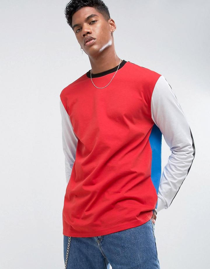Asos Longline Long-sleeve T-shirt With Contrast Color Blocking - Red