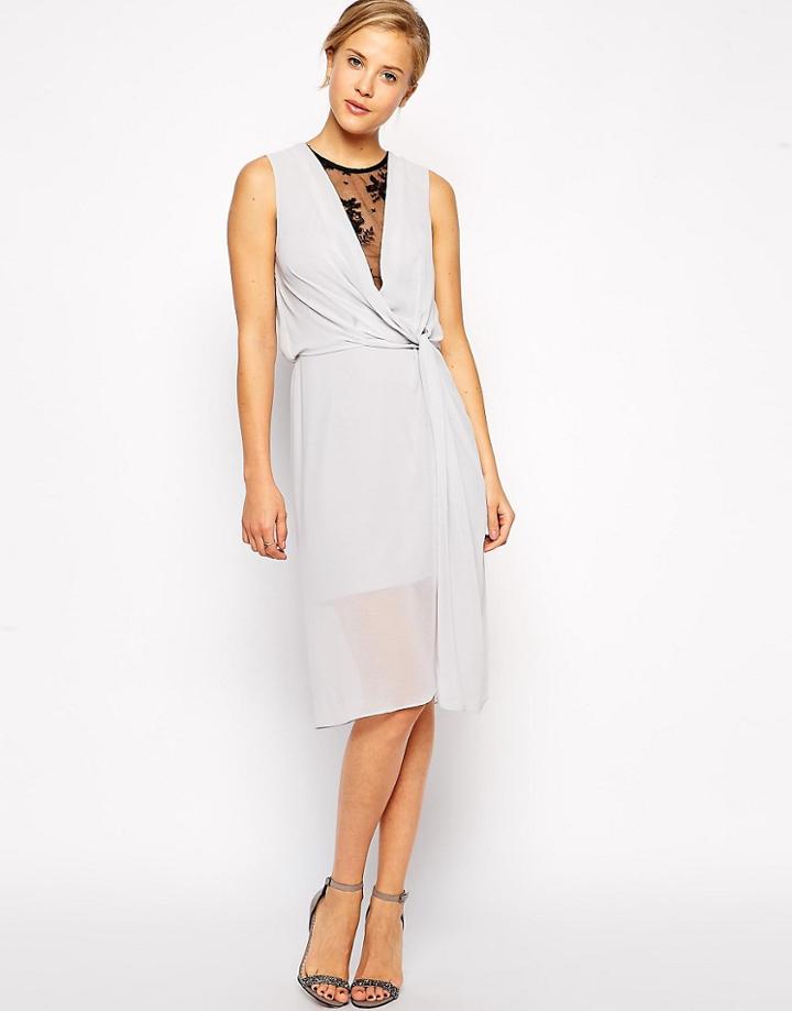 Asos Drape Midi Dress With Lace Insert - Gray
