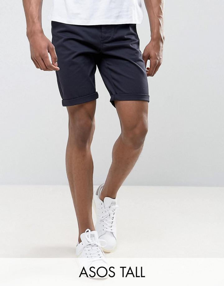 Asos Tall Slim Chino Shorts In Navy - Navy