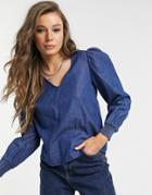 Jdy Evelyn Long Sleeve Woven Smock Top In Medium Blue Denim-blues