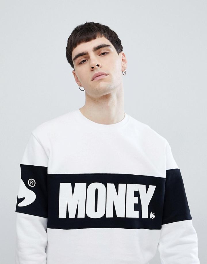 Money Block Crew Neck Sweater In White With Panel - White