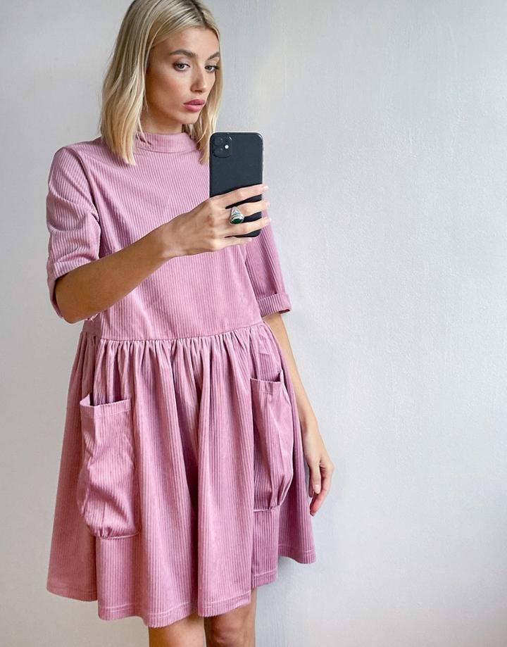Urban Threads Mini Cord Smock Dress In Lilac-purple