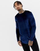 Asos Design Longline Long Sleeve T-shirt In Velour With Curved Hem In Navy - Navy