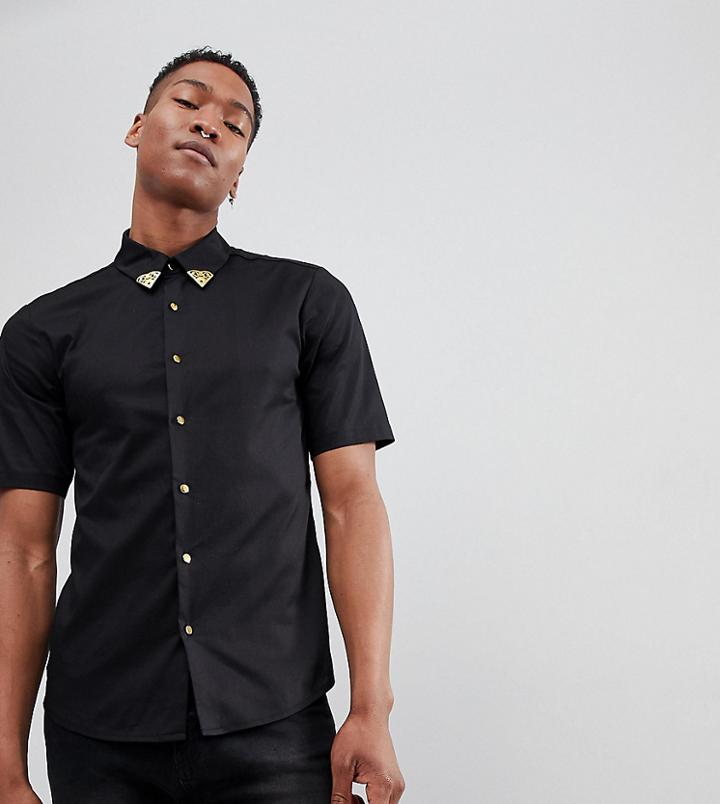 Reclaimed Vintage Inspired Shirt With Collar Tips And Short Sleeves - Black