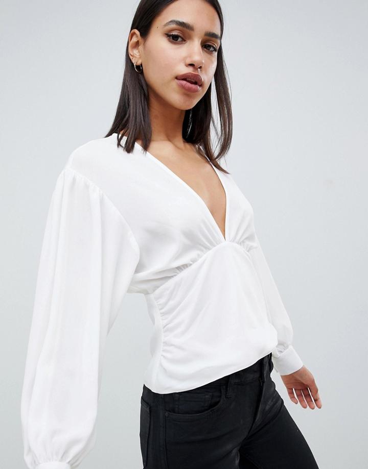 Asos Design Blouse With Gathered Waist Detail - White