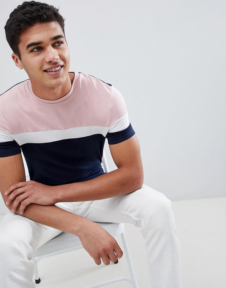 Asos Design Muscle Fit T-shirt With Color Block In Navy - Navy