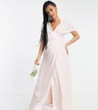 Asos Design Maternity Bridesmaids Blouson Sleeve Maxi Dress With Satin Chevron Waist Band And Button Back In Blush-pink