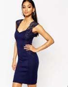 Lipsy Body-conscious Dress With Lace Applique Shoulder - Navy