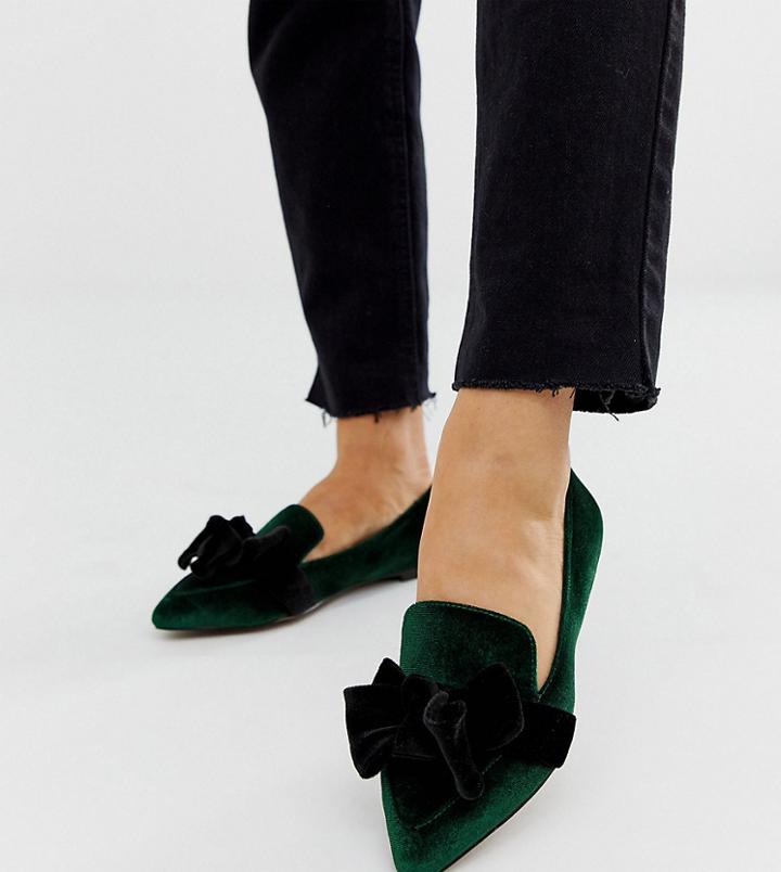 Asos Design Wide Fit Ludo Bow Pointed Ballet Flats In Green Velvet