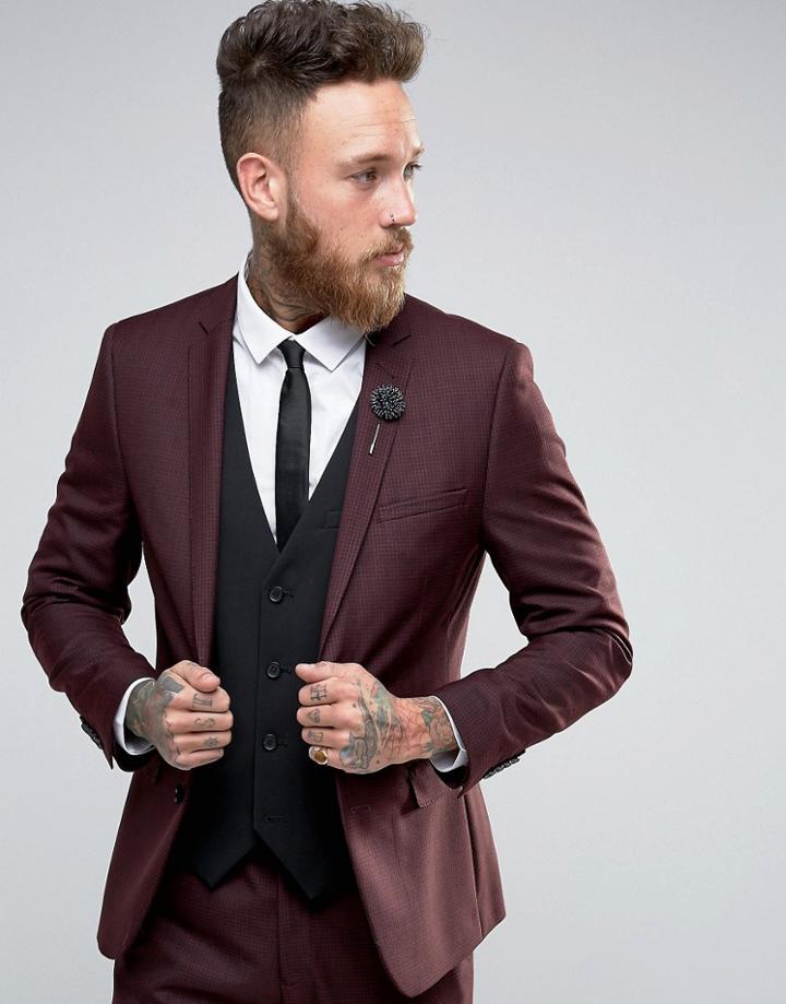 Harry Brown Slim Fit Suit Jacket In Red Mini Check - Red