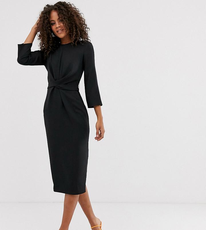 Asos Design Tall Tie Wrap Around Midi Dress-black