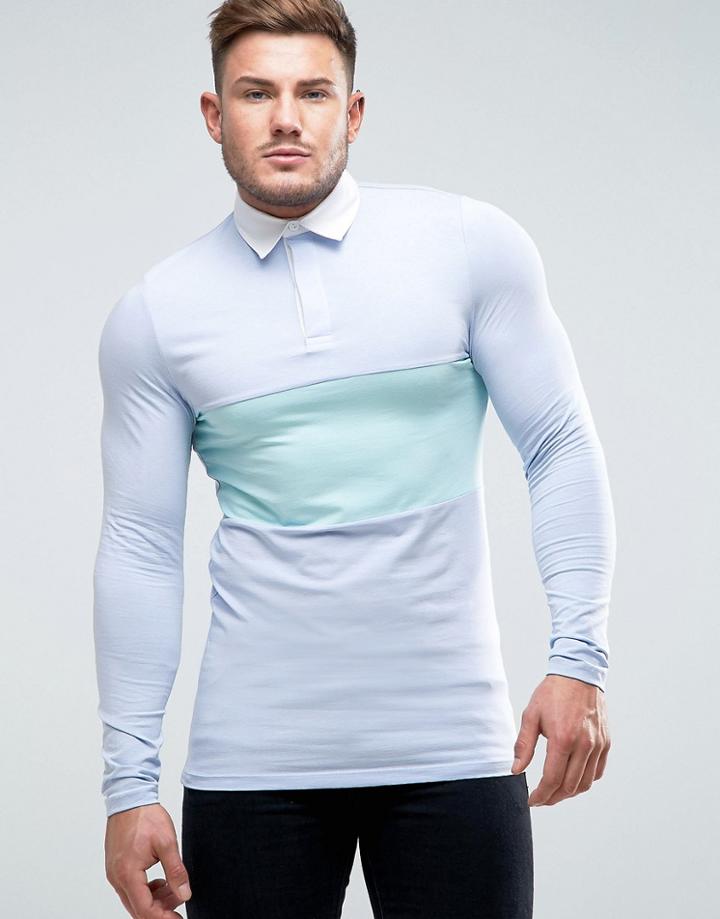 Asos Muscle Long Sleeve Rugby Polo Shirt In Blue With Contrast Panel - Blue