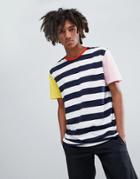 Asos Design Relaxed T-shirt With Color Block Sleeves And Stripe - Multi