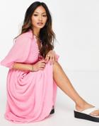 Asos Design Midi Smock Dress With Shirred Cuffs In Textured Pink