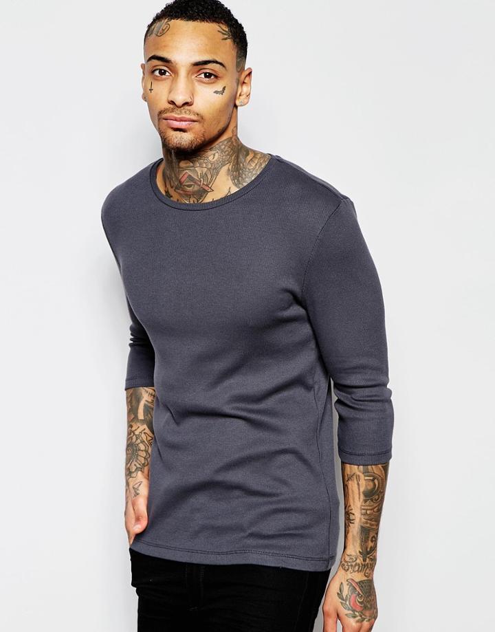Asos Rib Jersey Extreme Muscle 3/4 Sleeve T-shirt In Washed Black - Washed Black