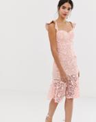 Jarlo All Over Lace Embroidered Midi Dress With Frilly Off Shoulder Detail In Pink