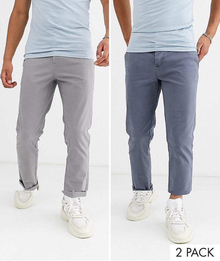 Asos Design 2 Pack Slim Chinos In Washed Blue & Light Gray Save-multi