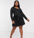 Asos Design Curve Long Sleeve Pleated Mini Dress-black