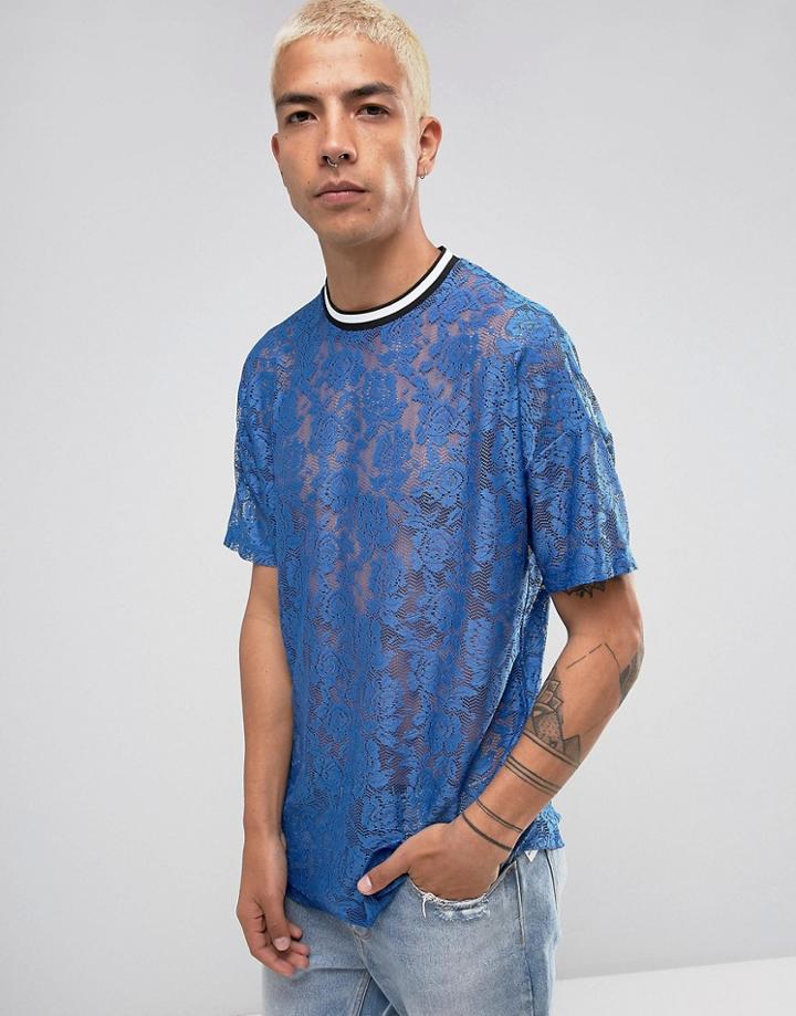 Asos Oversized T-shirt In Lace In Blue - Blue