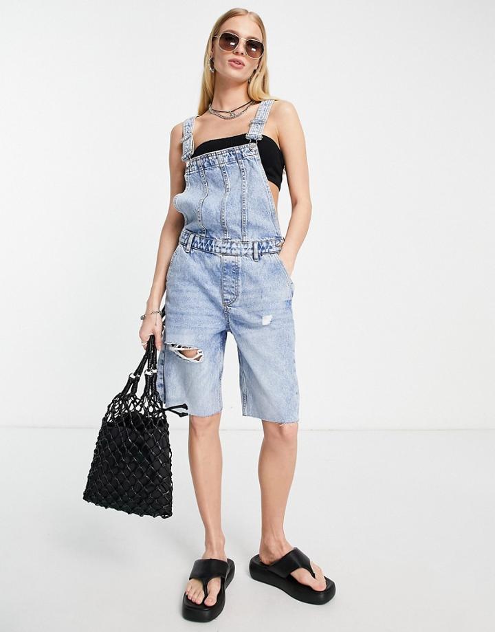 Only Longline Denim Overalls In Light Wash-blue