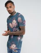 Asos Longline T-shirt With All Over Floral Print In Linen Look - Multi