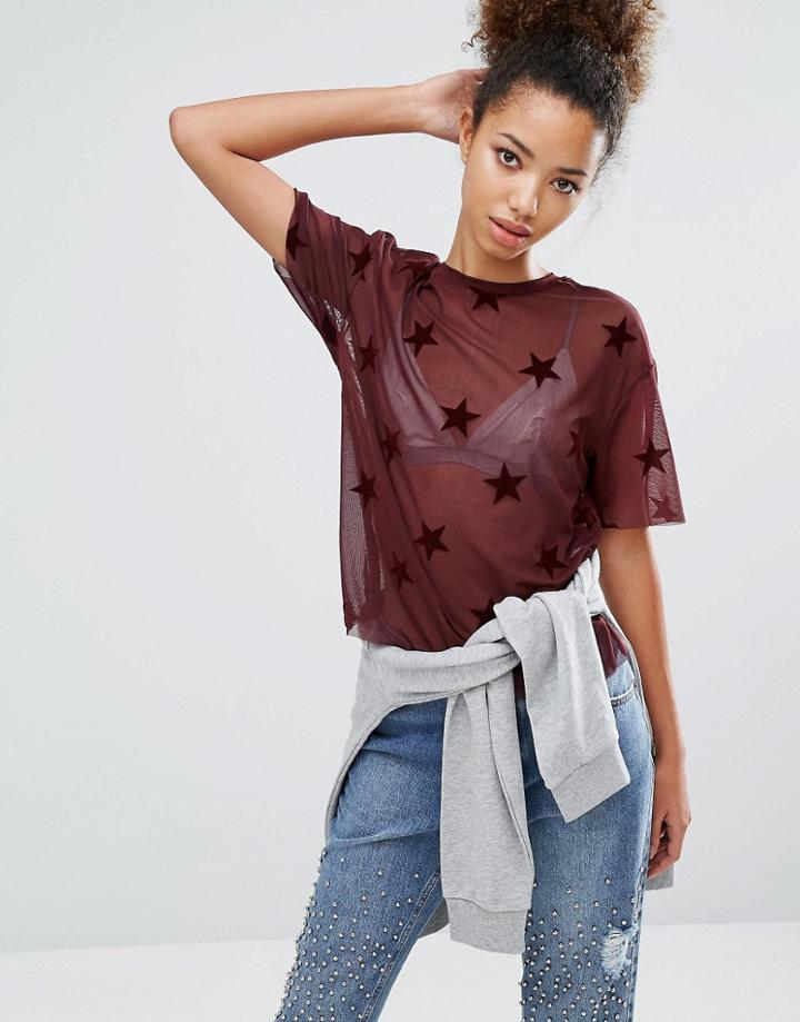 Pull & Bear Sheer Star Mesh Top - Red