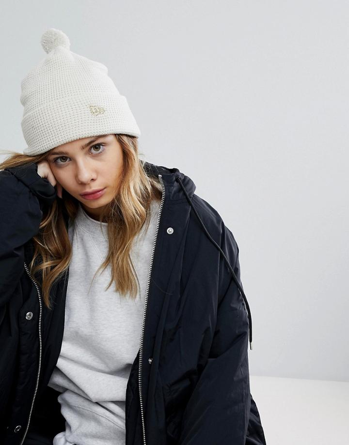 New Era Waffle Knit Beanie With Pom - White
