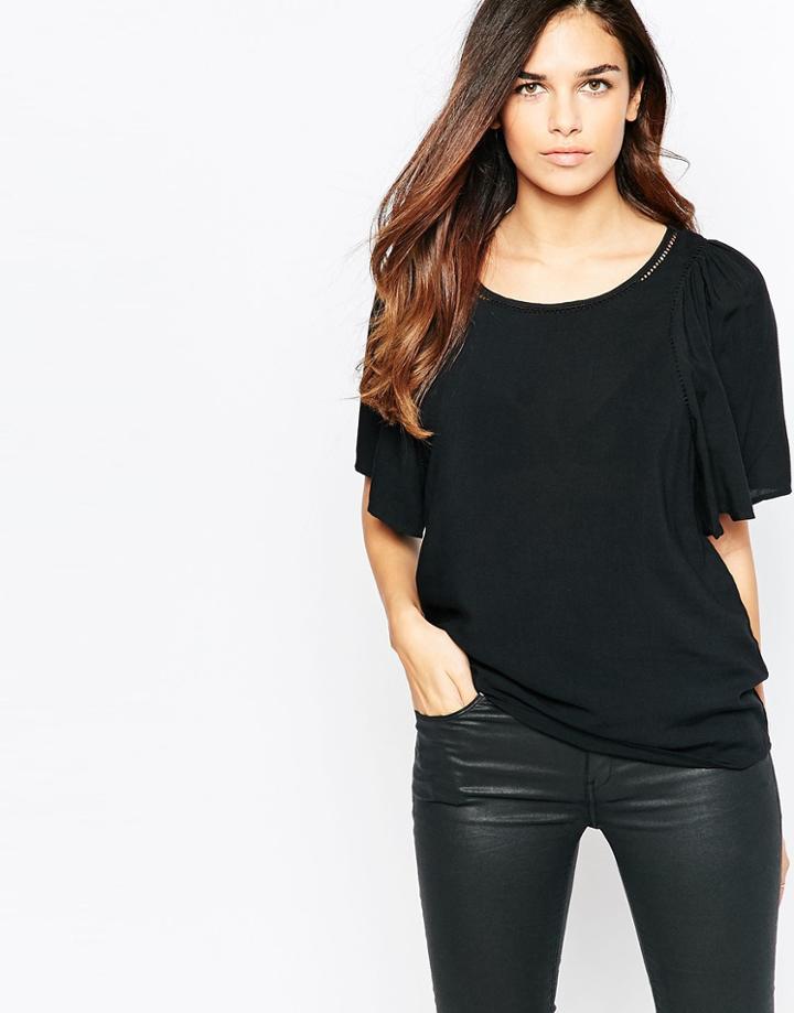Ax Paris Tee With Fluted Sleeeves - Black