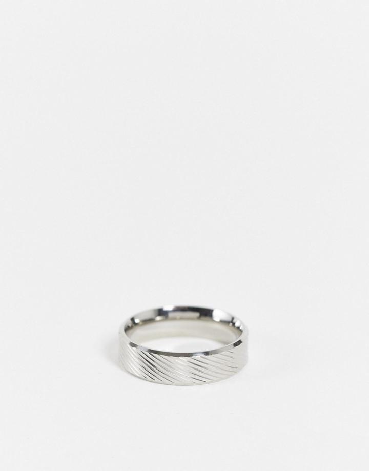 Asos Design Waterproof Stainless Steel Band Ring With Horizontal Emboss In Silver Tone