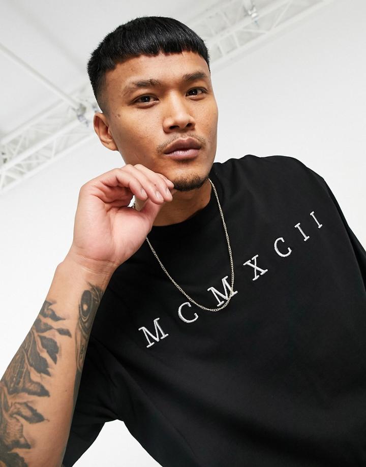 Asos Design Oversized T-shirt In Black With Roman Numeral Embroidery